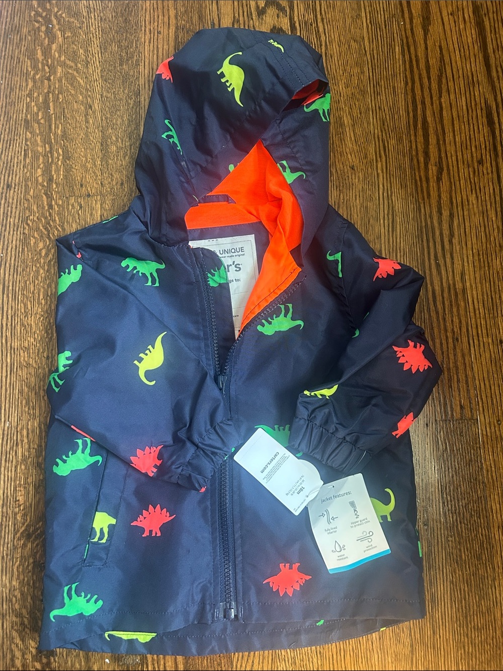 Carter's Navy Raincoat with Neon Green and Neon Red Dinosaur Print